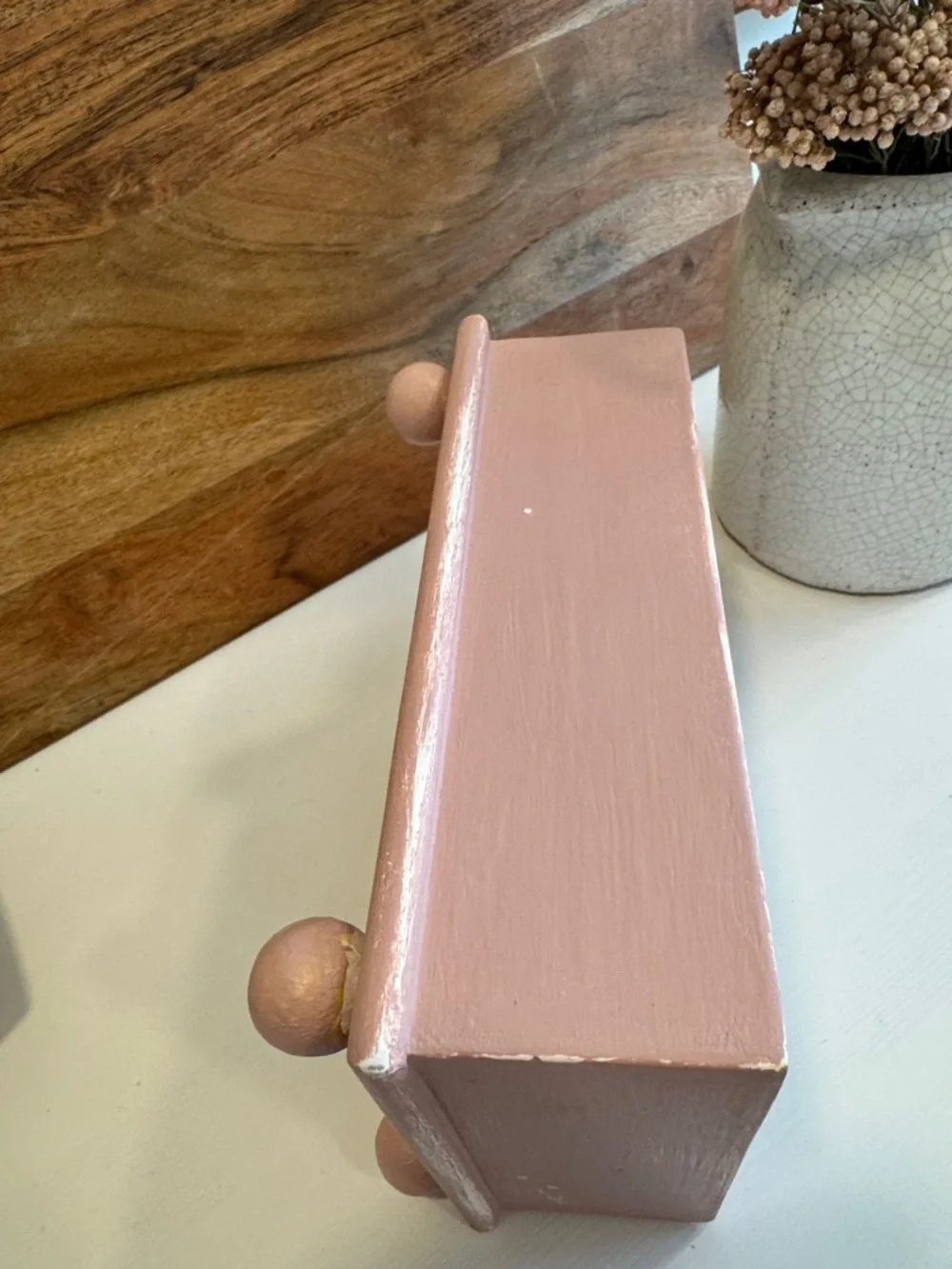 Decorative Painted Wooden Trinket Box or Catch All in Pale Pink and Cream